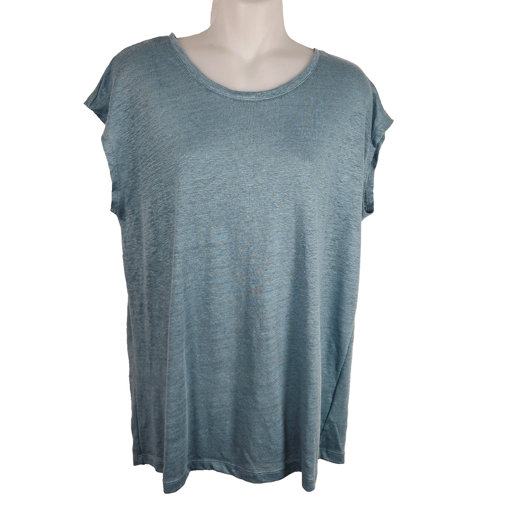 Tahari Womens 100% Linen Button Back Top L Light Blue Short Cap Sleeve Coastal